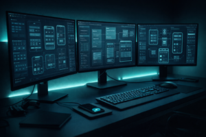 Modern tech workspace with UI_UX designs